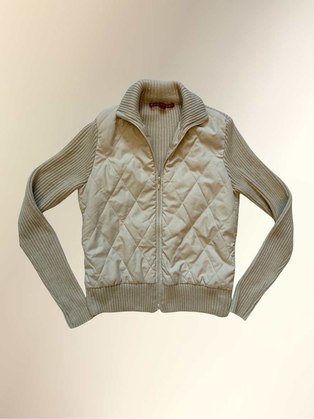 Y2K JJ Basics Cream Quilted Knit-Sleeve Zip Jacket